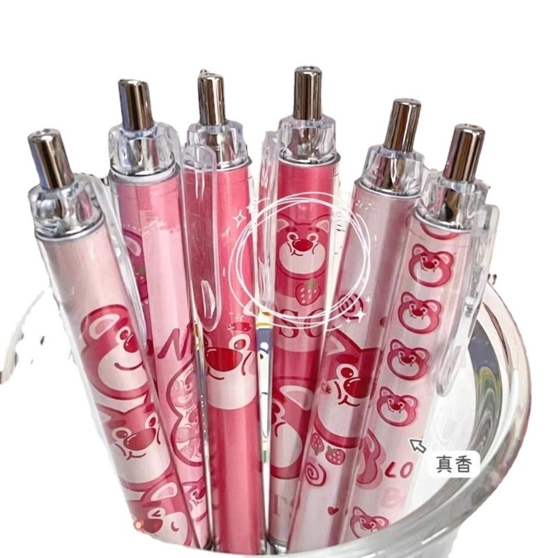 Bút Bi Mực Đen Ngòi 0.5mm Có Thể Thu Gọn Họa Tiết Gấu / Dâu Tây Hoạt Hình Dễ Thương