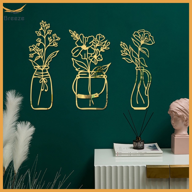 Bộ 3 Miếng Dán Tường Trang Trí Tráng Gương Acrylic Hình Lọ Hoa 3d Rỗng Tự Dính Trang Trí Nhà Cửa