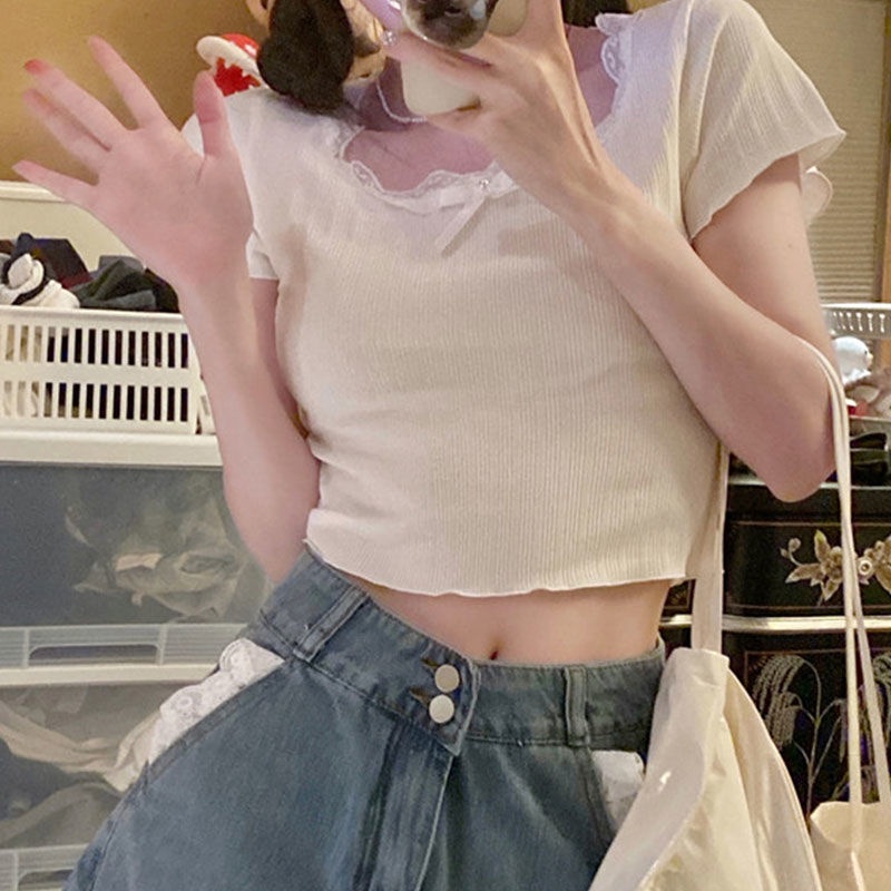 Áo Thun Tay Ngắn Dáng Ôm Phối Ren Thời Trang Mùa Hè Xinh Xắn Cho Nữ