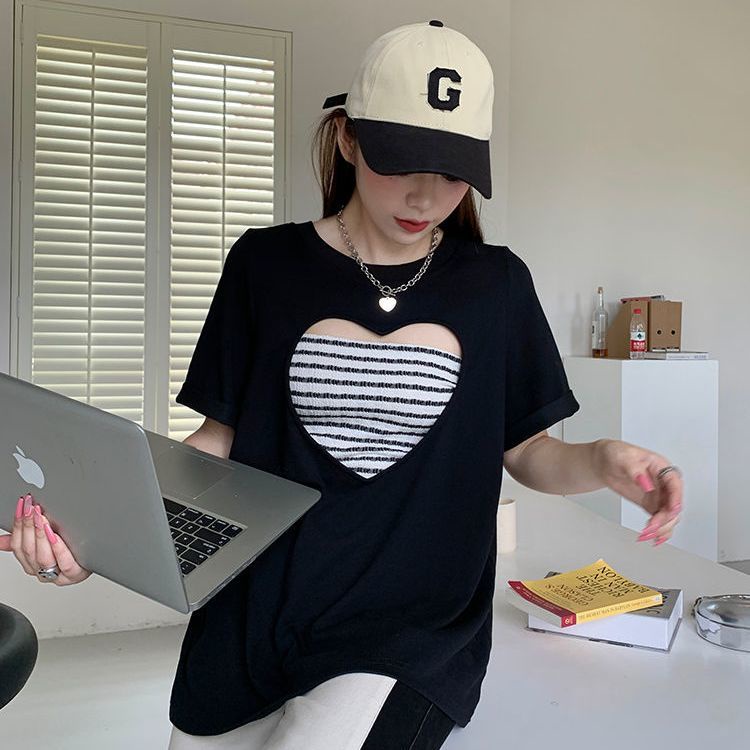 Áo Thun Dáng Rộng Họa Tiết Hình Trái Tim Đáng Yêu Có Size Từ 100-150Kg Thời Trang Dành Cho Nữ