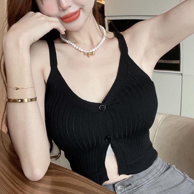 IELGY   Áo Lửng Hai Dây Dệt Kim Phong Cách retro Thời Trang Cho Nữ