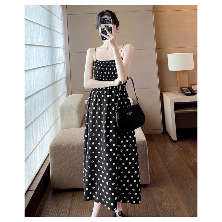 Đầm Hai Dây Dáng Dài Mỏng Co Giãn Họa Tiết Hoa Cúc Nhỏ hka055