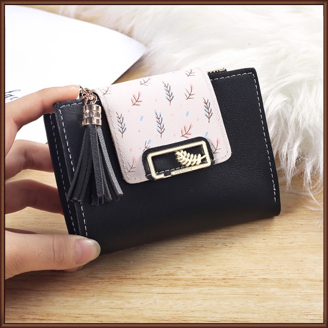 Ví Da Pu Ngắn Dạng Gập Có Mặt Dây Tua Rua Thời Trang Cho Nữ Giá Đỡ