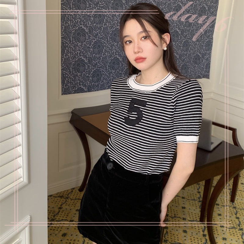 Áo Thun Tay Ngắn Họa Tiết Sọc Ngang Phong Cách Hàn Quốc Dành Cho Nữ