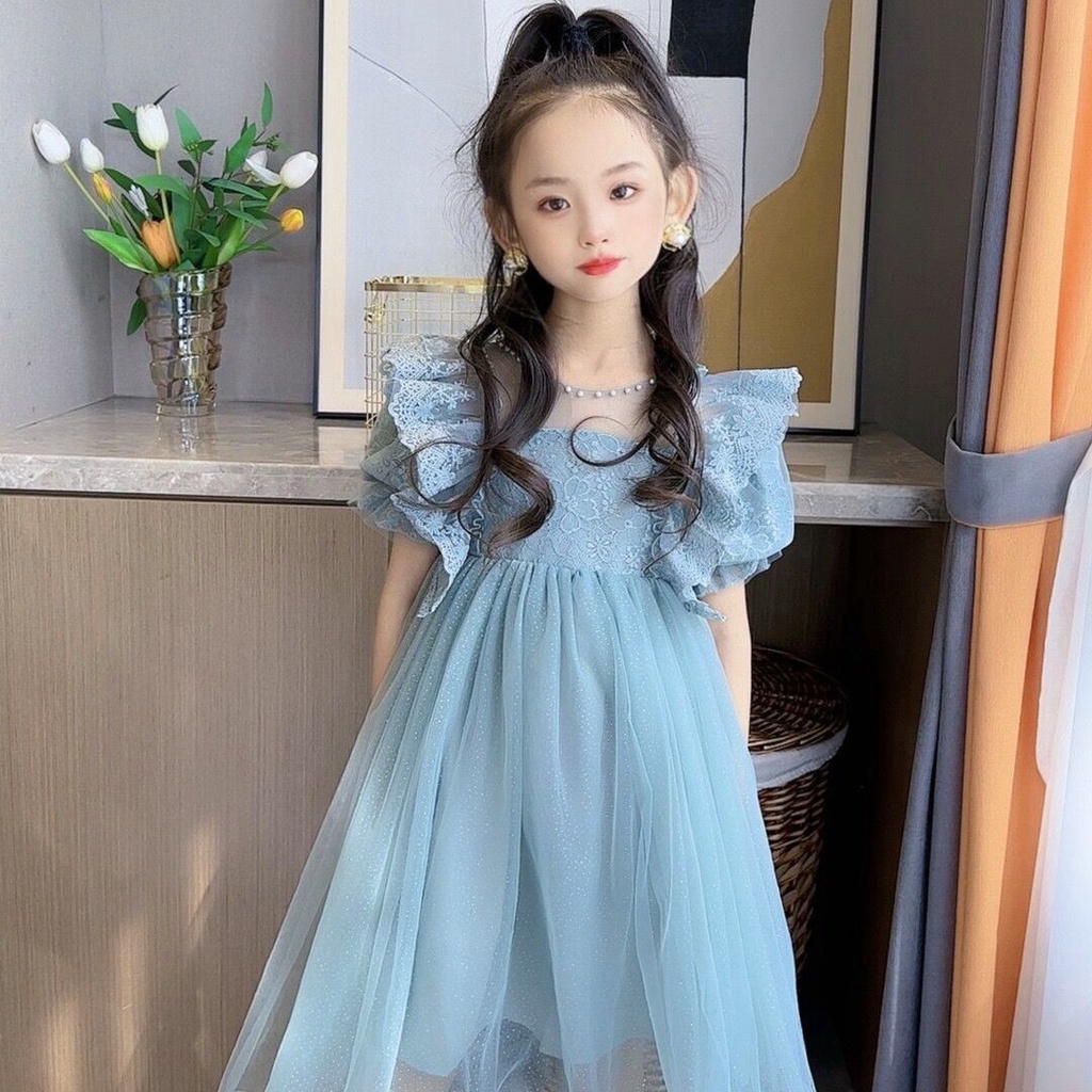 Đầm Công Chúa Phối Ren Tay Phồng Đính Ngọc Trai Thời Trang Mùa Hè 2023 Cho Bé Gái