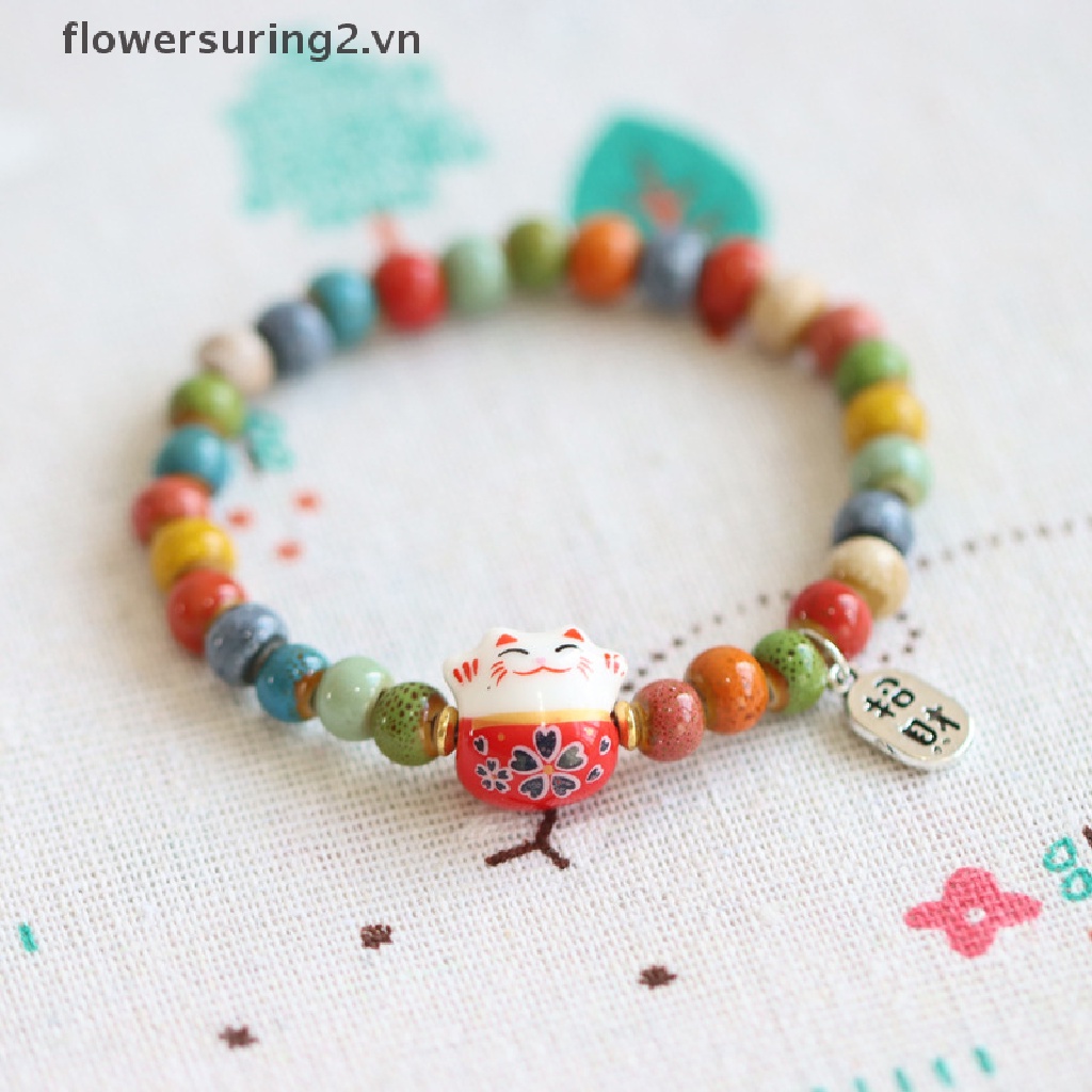 Vòng Tay Mặt Hình Mèo May Mắn Bằng Sứ Dễ Thương