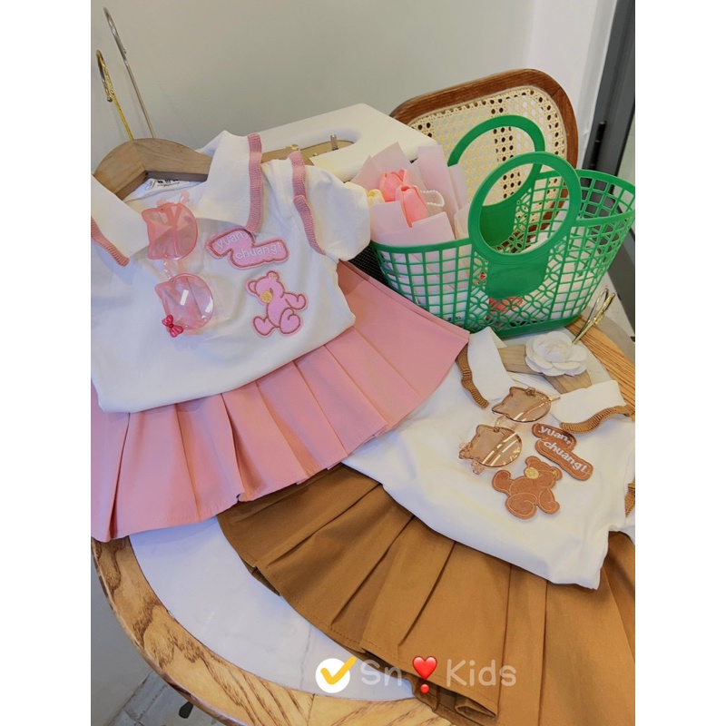 Set chân váy dập ly áo gấu bé gái Jane SnKids 10-30kg