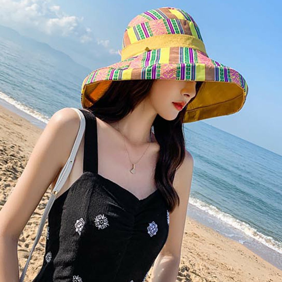 Bucket Hat Women Double-Sided Foldable Big Wide Brim Sunscreen Anti-UV Sun Cap
