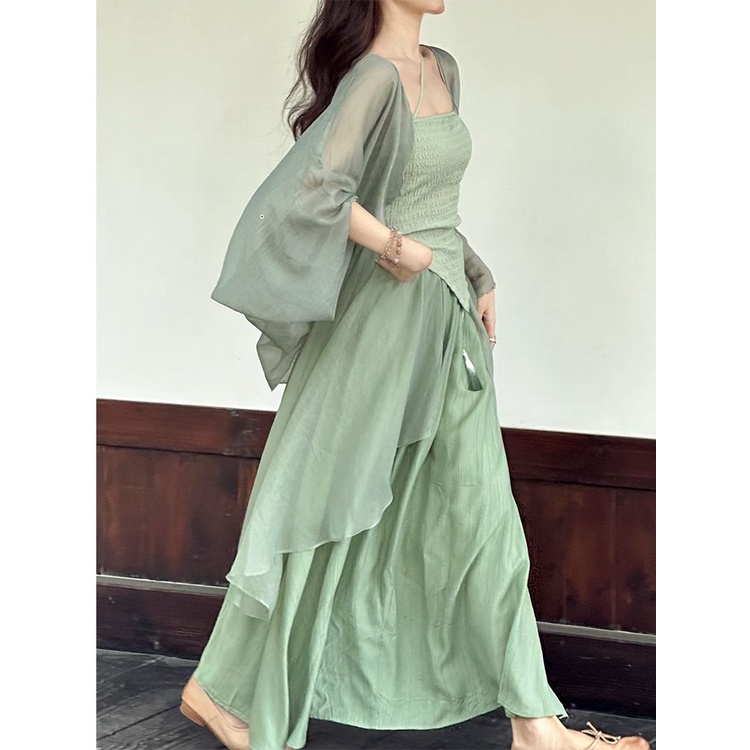 Tayang Eryang Set Áo Hai Dây + Chân Váy Phong Cách Trung Hoa Thời Trang Mùa Hè Cho Nữ