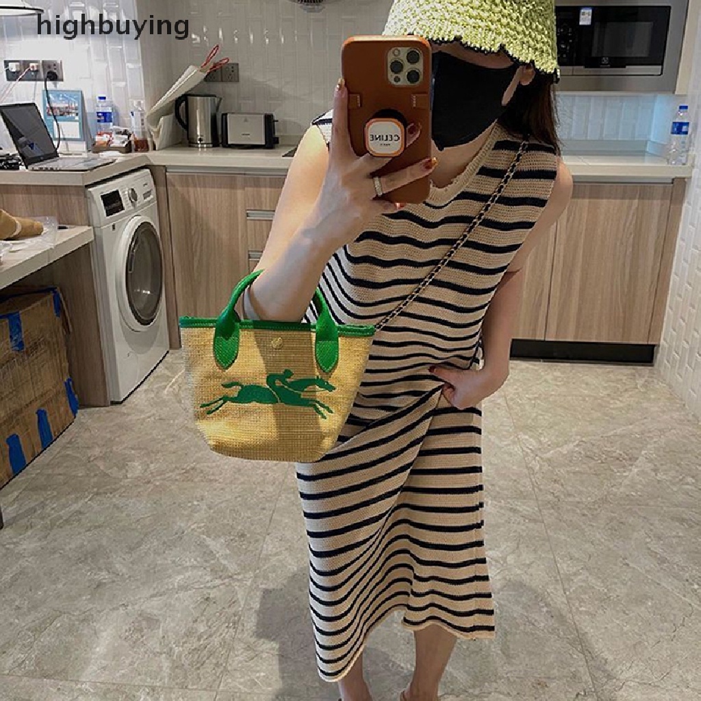 Đầm Dài Không Tay Họa Tiết Kẻ Sọc Phong Cách Hàn Quốc Cho Nữ