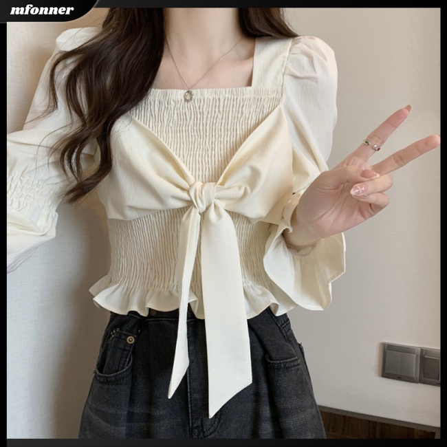 Áo Thun Croptop Tay Dài Cổ Vuông Màu Sắc Ngọt Ngào Cho Nữ