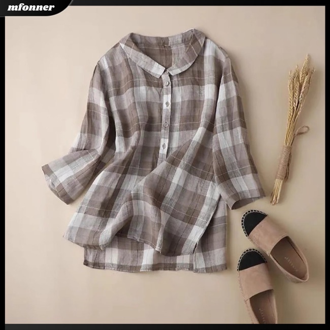 Áo Sơ Mi Cotton Lanh Dáng Rộng Cổ Đứng Tay Ngắn In Họa Tiết Kẻ Sọc Thời Trang Mùa Hè Cho Nữ