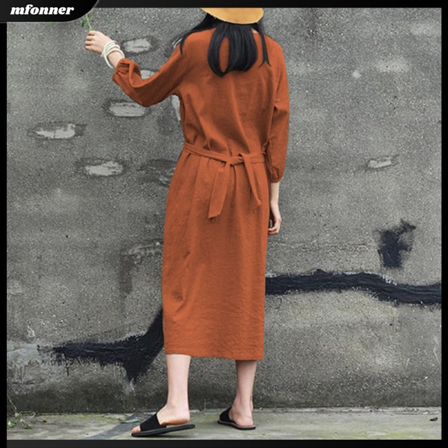 Đầm Midi Cotton Tay Dài Cổ Tròn Thắt Dây Eo Màu Sắc Trơn Phong Cách Nhật Bản Dành Cho Nữ