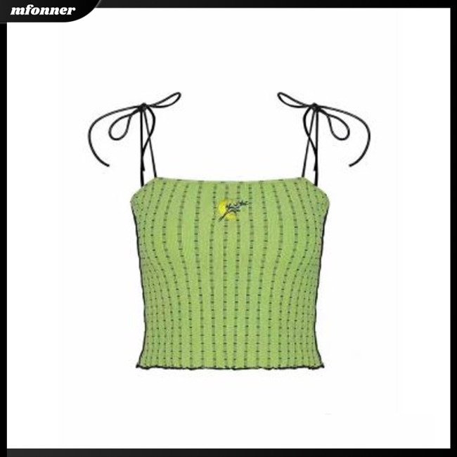 Áo Hai Dây Cotton Mềm Mại Họa Tiết Sọc Caro Thêu Hình Mặt Trăng Thắt Dây Thời Trang Cho Nữ