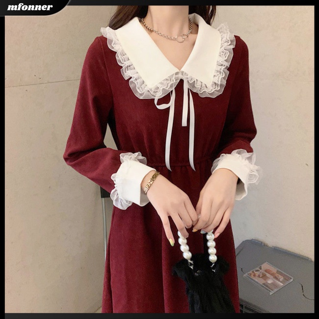 Đầm Tay Dài Cổ Búp Bê Phối Ren Dáng Chữ A Thời Trang Năm Mới Cho Nữ