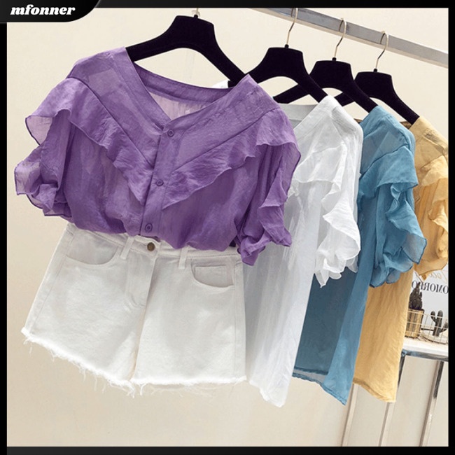 Áo Sơ Mi Voan Tay Ngắn Phồng Cổ Chữ V Thời Trang Dành Cho Nữ