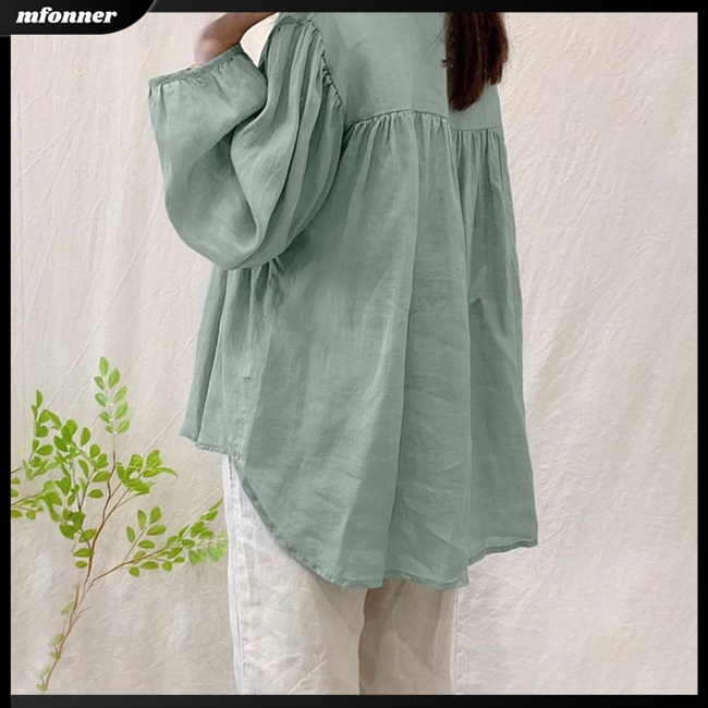 Áo Sơ Mi Tay Dài Cổ Tròn Dáng Rộng Xếp Ly Một Hàng Nút Vải Cotton Lanh Màu Trơn Thời Trang Cho Bạn Gái