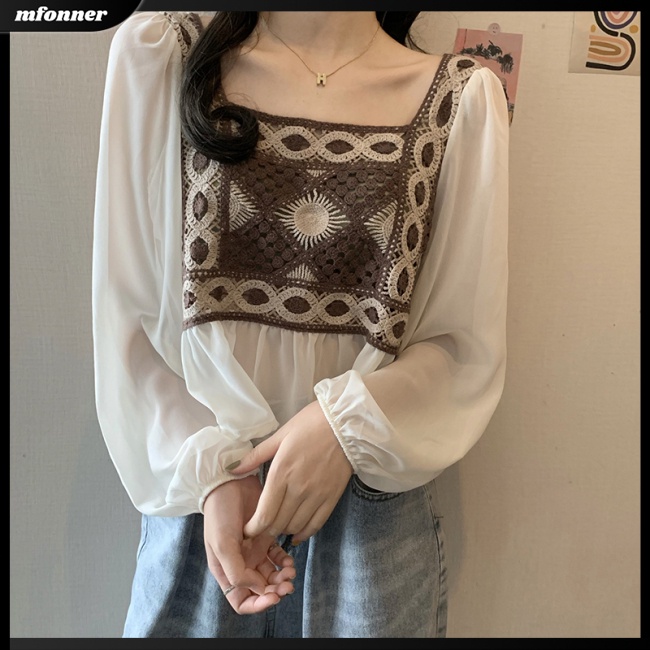 Áo Dệt Kim Chiffon Dài Tay Cổ Vuông Phối Họa Tiết Thổ Cẩm Thời Trang Cho Nữ