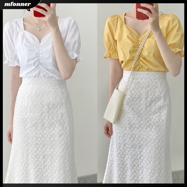 Áo Kiểu Tay Ngắn Phồng Cổ Vuông Thời Trang Mùa Hè Ngọt Ngào Dễ Thương Cho Nữ