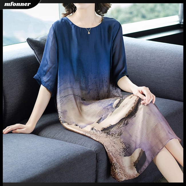 Đầm Lụa Lạnh Mỏng Dáng Rộng Tay Ngắn In Họa Tiết Xinh Xắn Cho Nữ