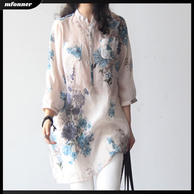 Áo Sơ Mi Rộng Bằng Vải Lanh Cotton In Hình Hoa Dành Cho Nữ Size Lớn