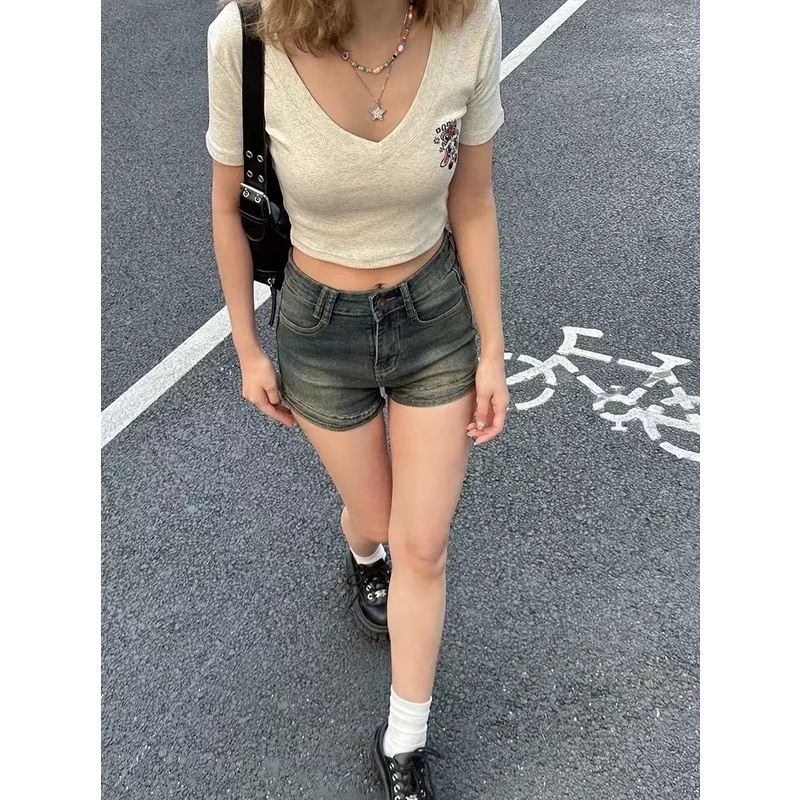 Áo Thun Crop Top Tay Ngắn Cổ Chữ V Dáng Ôm Thời Trang Mùa Hè Quyến Rũ Cho Nữ