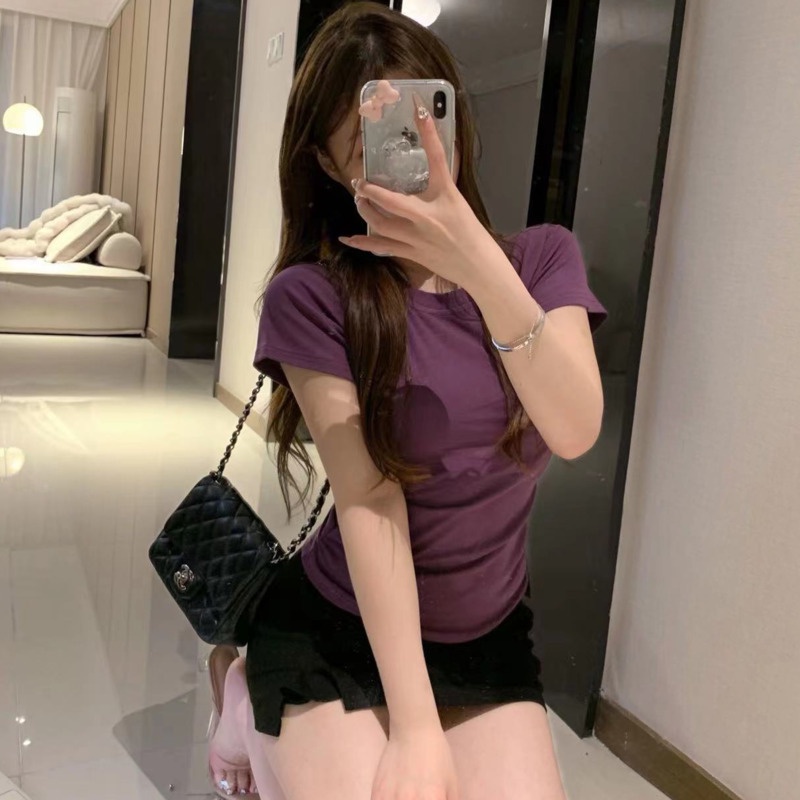 Áo Thun Tay Ngắn Dáng Ôm Màu Trơn Thời Trang Mùa Hè Xinh Xắn Cho Nữ