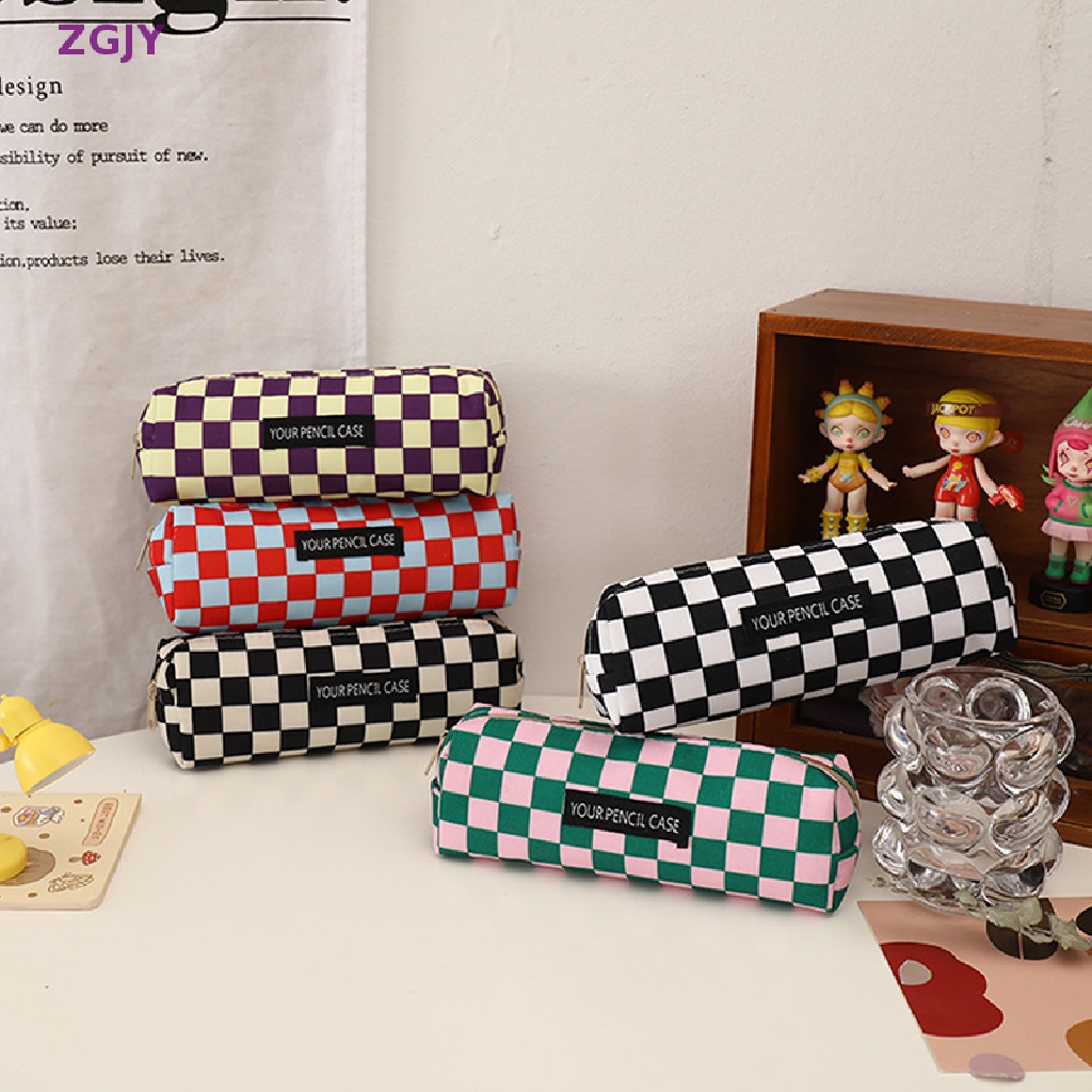 Túi Đựng Bút Chì / Mỹ Phẩm Bằng Vải Bạt Kẻ Sọc Caro Sức Chứa Lớn Sáng Tạo Mới