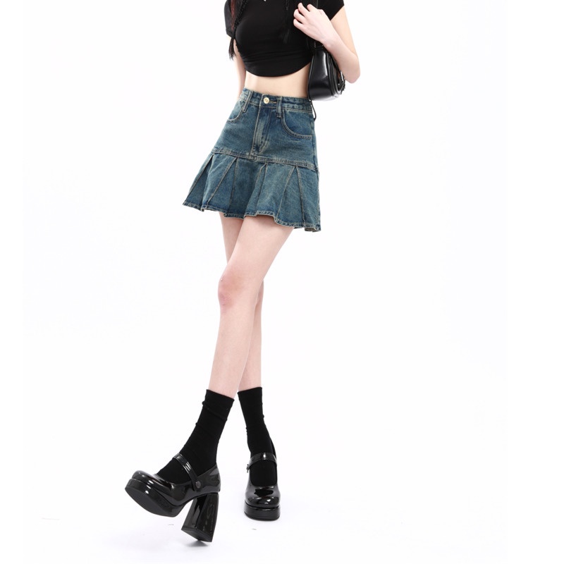 Chân Váy Denim Chữ a Xếp Ly Thời Trang RENJIANVSHENG Mùa Hè Cho Nữ