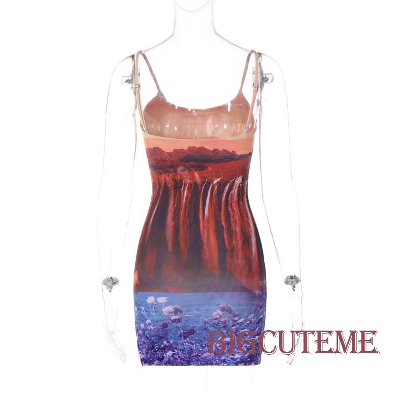 Đầm Mini Hai Dây Ôm Dáng In Họa Tiết Lanscape Có Thể Điều Chỉnh Cho Nữ