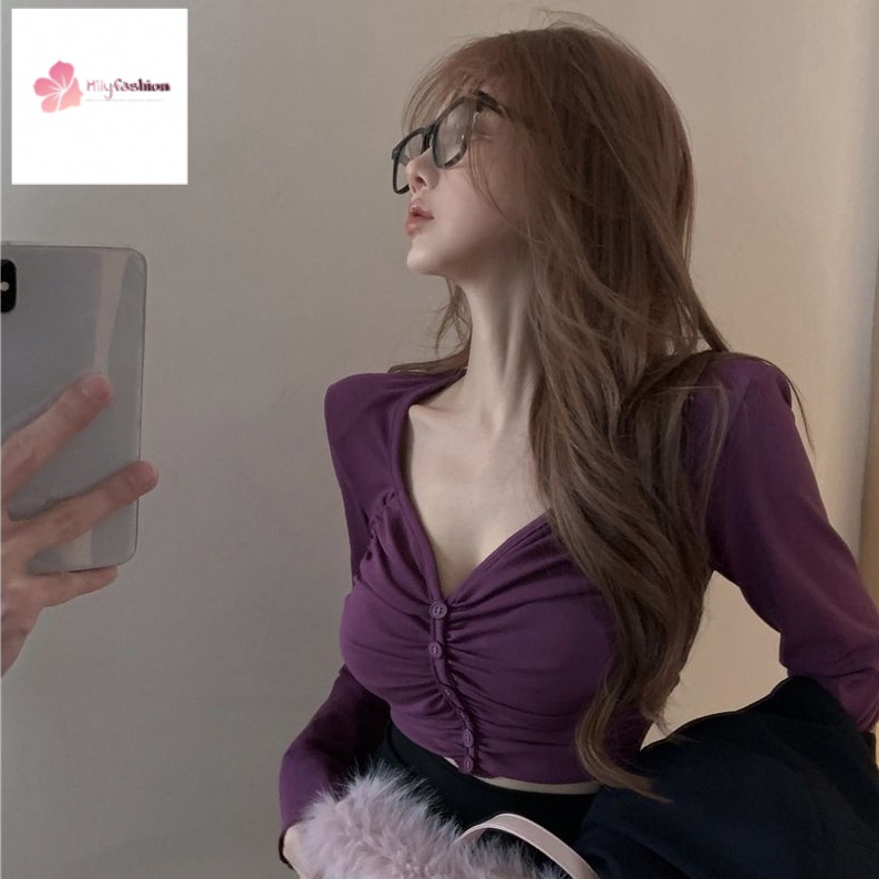 Áo Thun Tay Dài Cổ Chữ v Dáng Ôm Xếp Ly Thời Trang Mùa Thu Quyến Rũ Cho Nữ