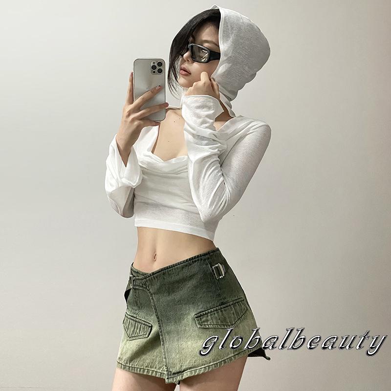 Áo Croptop Mỏng Tay Dài Màu Trơn Có Nón Phía Trước Phong Cách Đường Phố Cho Nữ