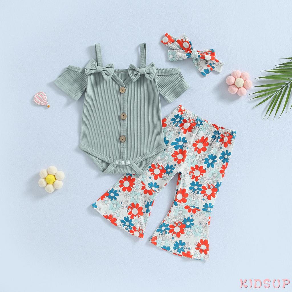 Bộ Áo Liền Quần Tay Ngắn Hở Vai Kèm Quần Ống Loe Co Giãn Thời Trang Mùa Hè Cho Bé Gái 1 Tuổi