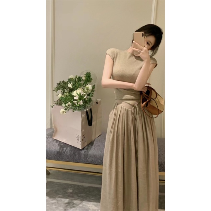 SUXI Áo Croptop Dệt Kim Tay Ngắn Cột Dây Thời Trang Mùa Hè Xinh Xắn Cho Nữ