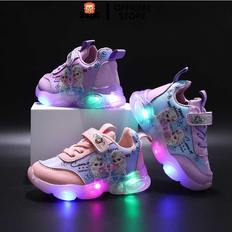 SUGE Phim hoạt hình Elsa dành cho trẻ em Giày phát sáng thương hiệu Giày thể thao LED Giày nhấp nháy cho bé gái Giày dép thông thường cho bé gái