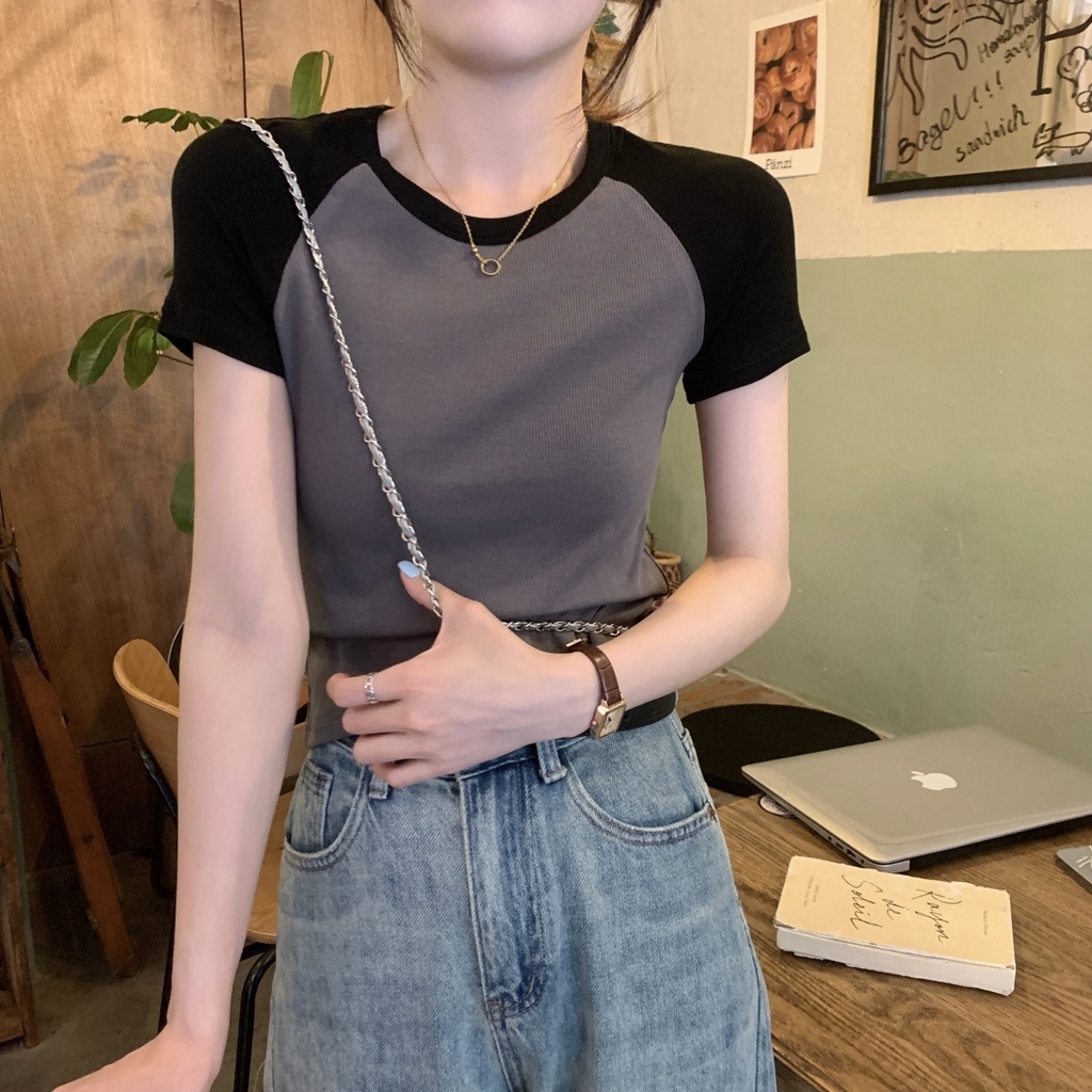 Áo Thun Tay Ngắn Hở Vai Dáng Ôm Màu Sắc Dễ Thương Phong Cách Hàn Quốc Dành Cho Nữ