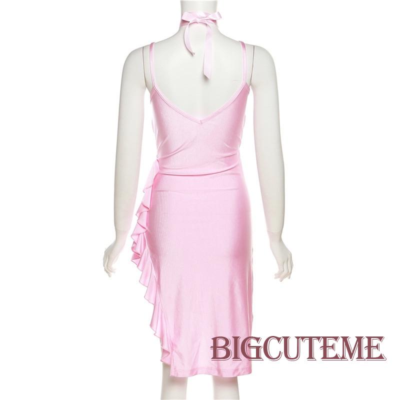 [] - Đầm Không Tay Viền Bèo Nhún Không Đối Xứng Cổ Chữ V Kèm Khăn Choàng Hoa Màu Hồng