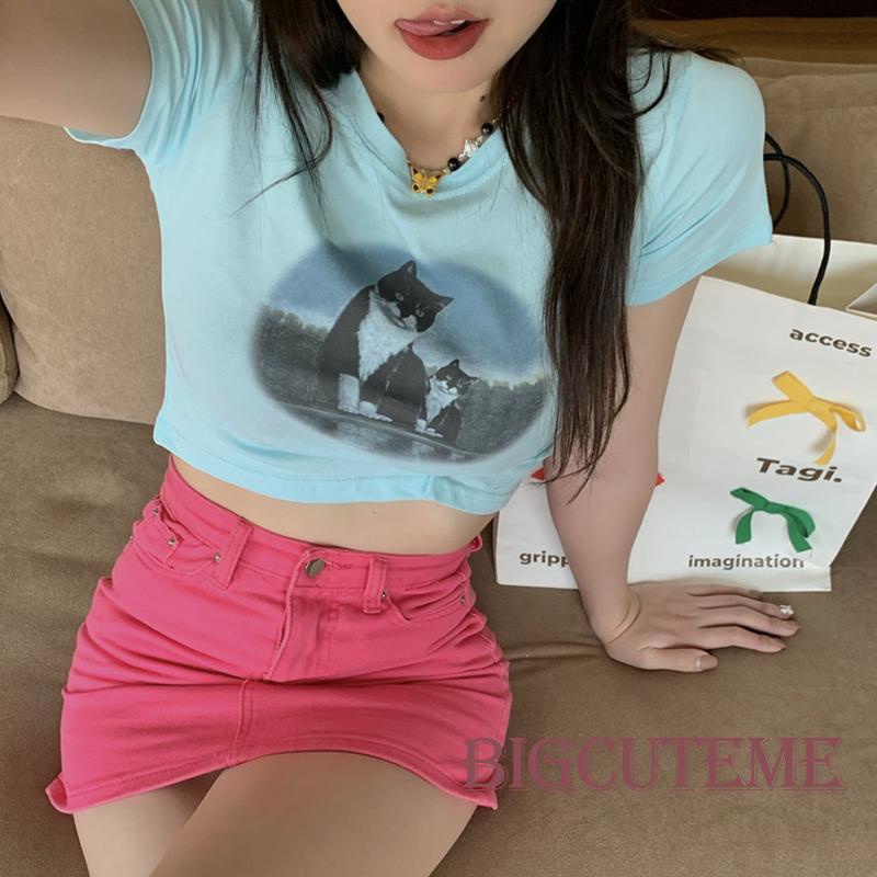 Áo Thun Crop Top Tay Ngắn Cổ Tròn In Hình Mèo Thời Trang Xuân Hè Cá Tính Cho Nữ
