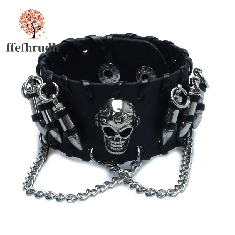Vòng Tay Da PU Màu Đen Phối Mặt Hình Đầu Lâu Phong Cách Gothic Cho Nam