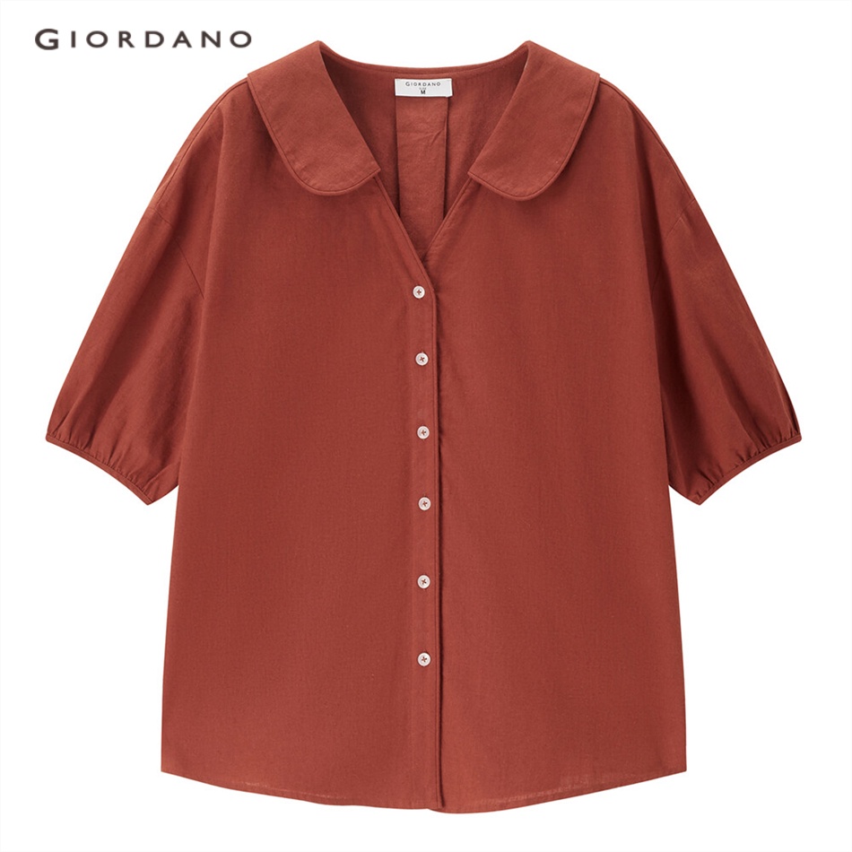 Áo sơ mi GIORDANO 13343310 cotton linen thiên nhiên dệt thoi mỏng tay phồng cổ Peter Pan cho nữ