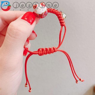 Vòng đeo tay dây bện phối mặt hình mèo may mắn bằng gốm nhiều màu hợp thời trang làm quà tặng cho nữ