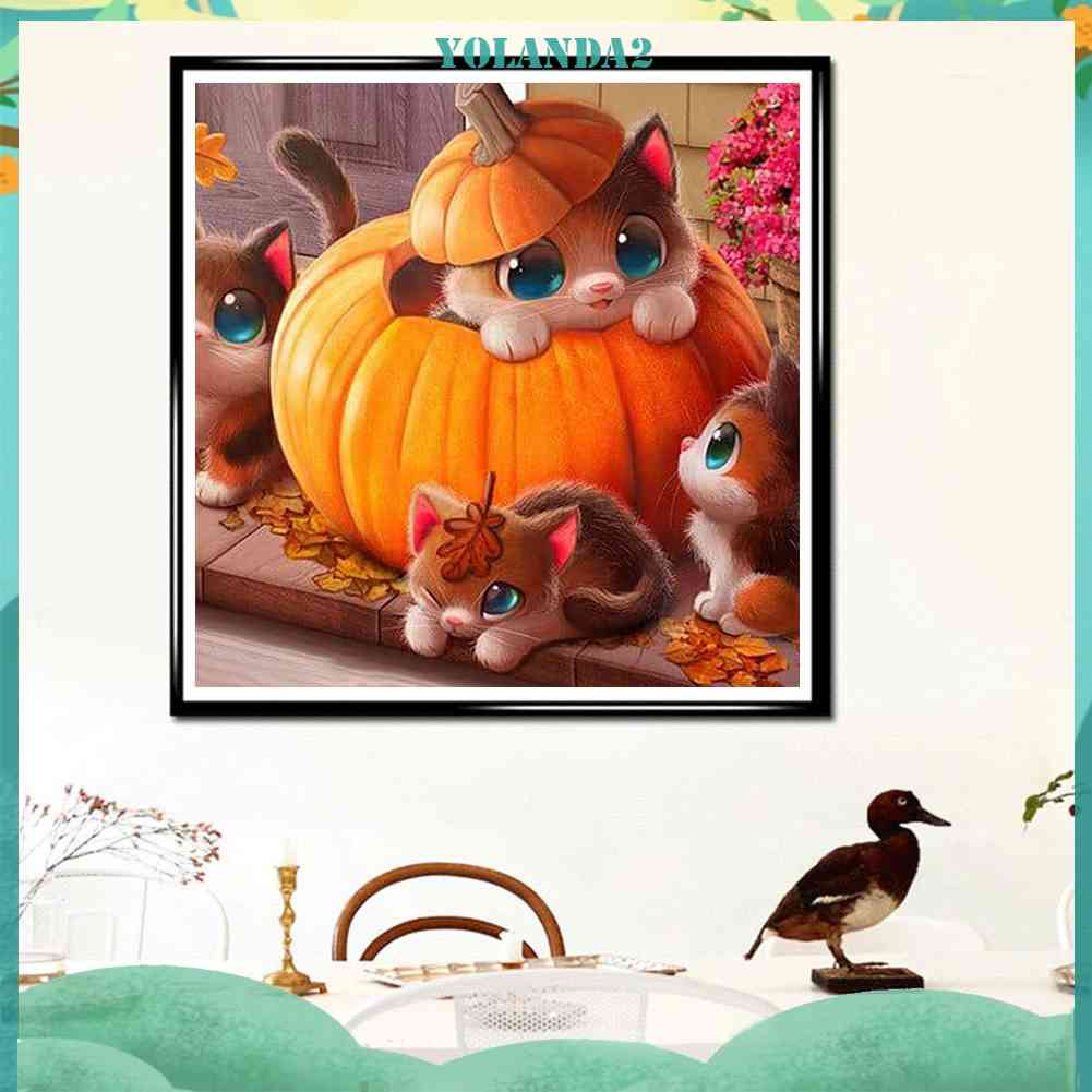 Bộ Tranh Đính Đá 5D Toàn Diện Họa Tiết Mèo Và Bí Ngô Độc Đáo DIY Dùng Trang Trí Nhà Cửa