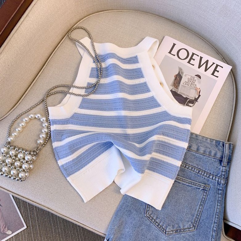 New French-style striped knitted shirt for girls sleeveless camisole slim-fit hot girl top