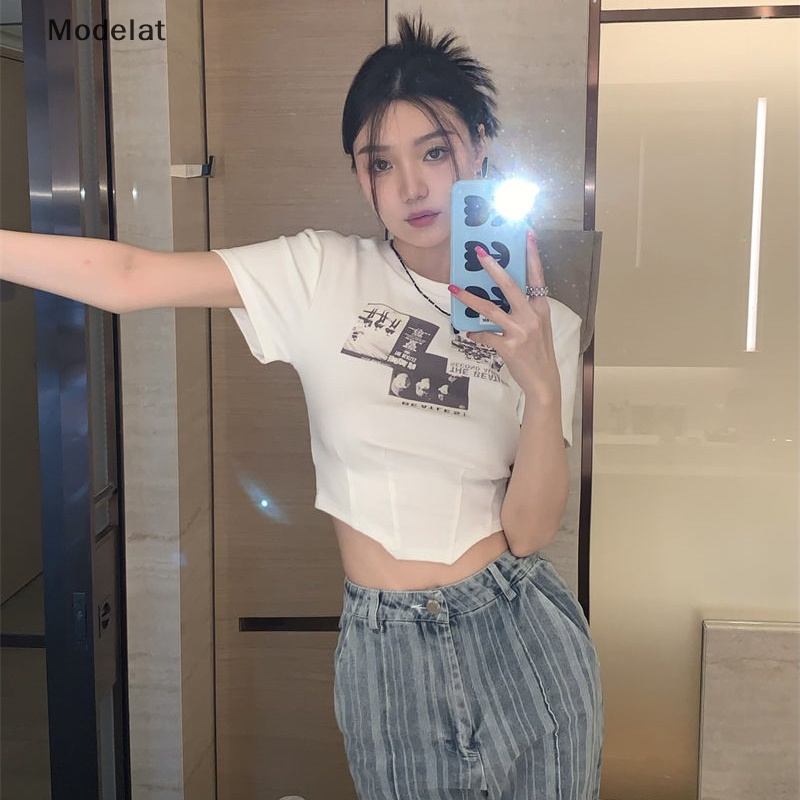 Áo Croptop Tay Ngắn Cổ Tròn In Họa Tiết Phong Cách Retro Dành Cho Nữ