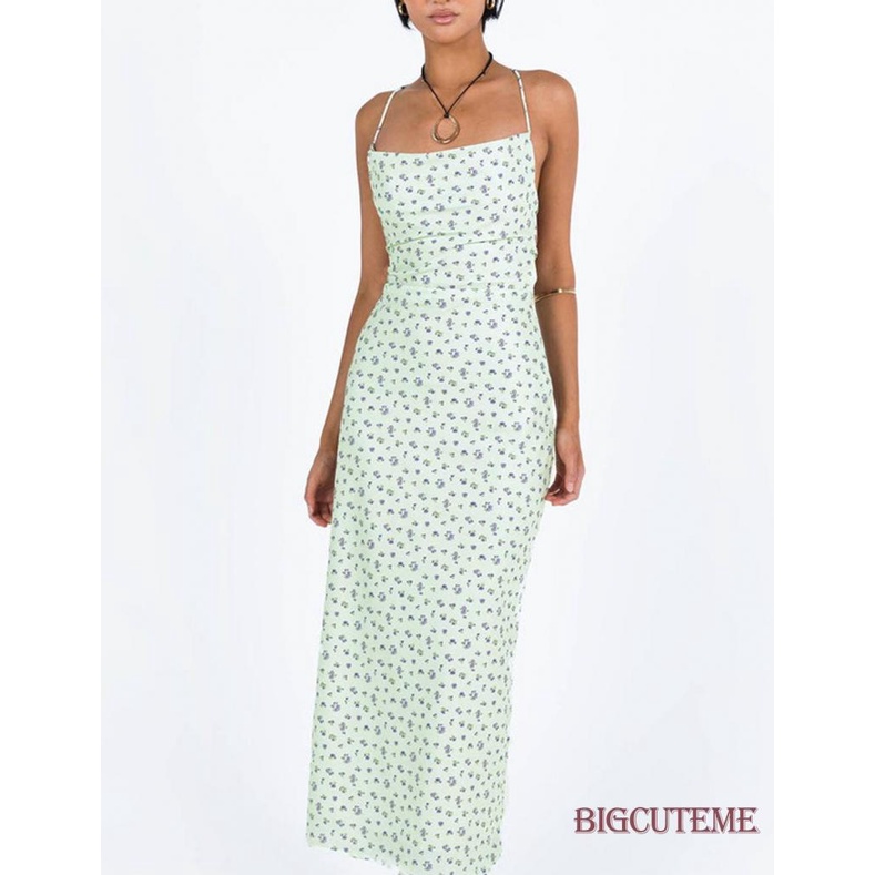 Đầm Hai Dây Mùa Hè Họa Tiết Hoa Hở Lưng Cho Nữ