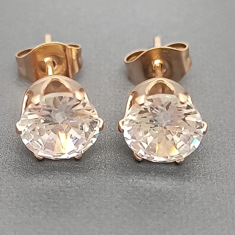 Bông Tai Inox 316 Hình Vương Miện Sáu Móng Đính Đá Zircon Sang Trọng
