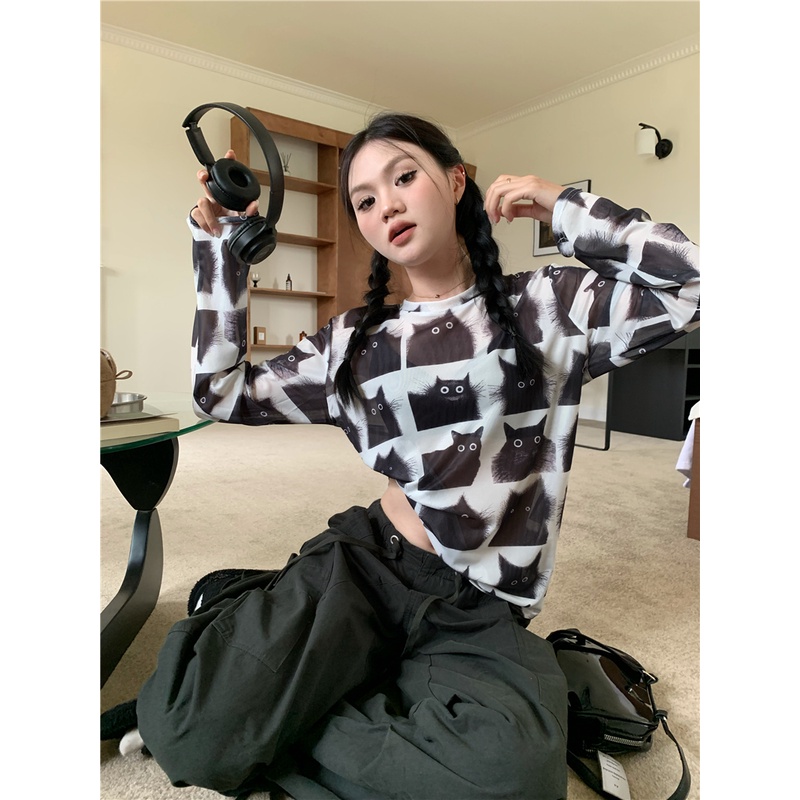 Áo Thun Lưới Tay Dài Cổ Tròn In Hình Mèo Dễ Thương