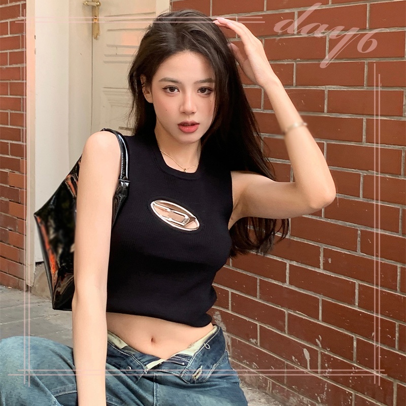 Áo Croptop Cổ Tròn Dáng Ôm Thiết Kế Đục Lỗ Thời Trang Hàn Quốc Cho Nữ