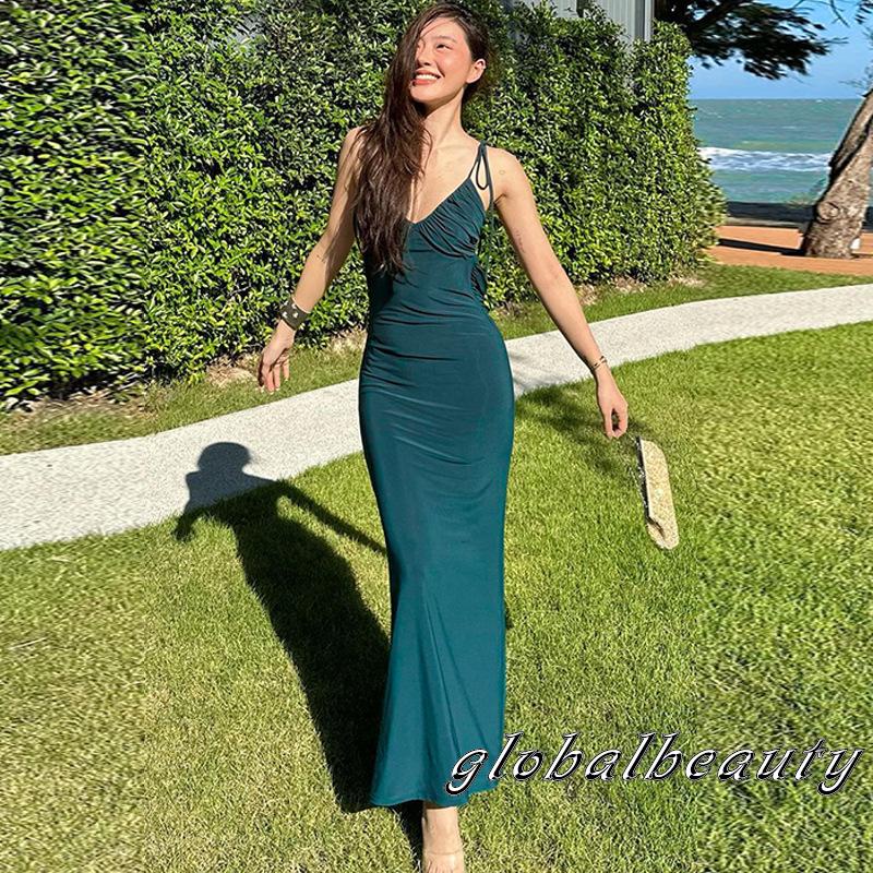 Đầm Midi Dài Không Tay Màu Trơn Cổ Yếm Xếp Ly Trang Trí Tiệc Tùng Dành Cho Nữ
