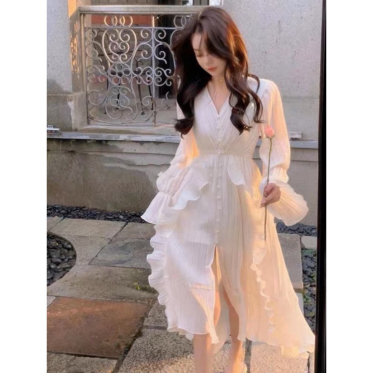 Đầm maxi trắng sọc cổ V phối bèo xẻ tà💖 KÈM ẢNH THẬT